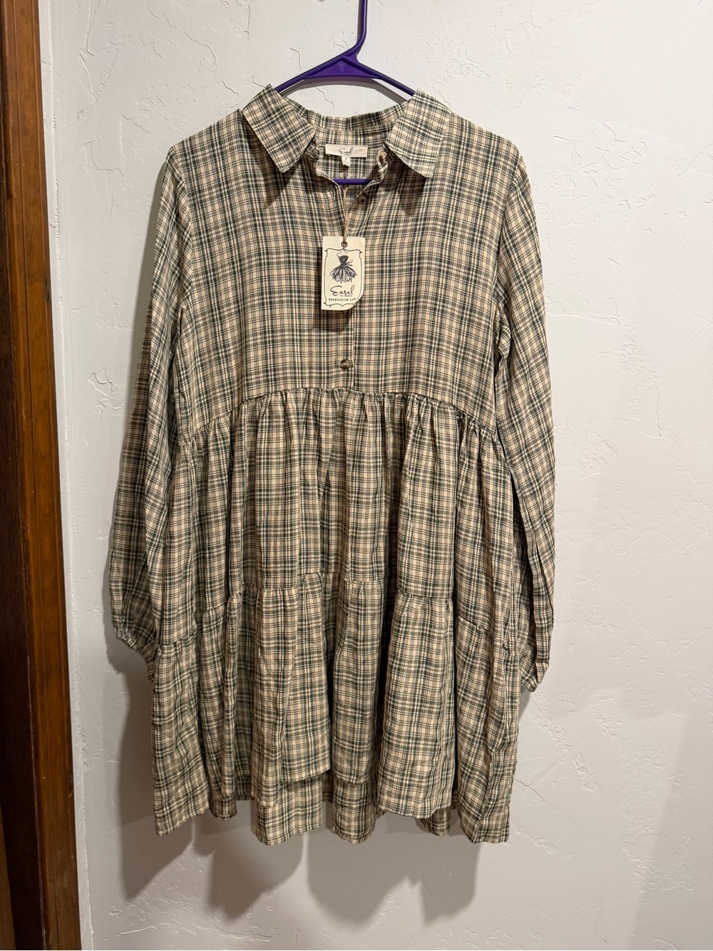 Girls Plaid Tiered Dress in Beige and Green - [Easel]